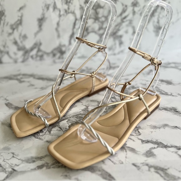 Marc Fisher Lueth Strappy Sandals 7.5 Metallic Gold Silver Ankle Wrap Flat NEW - Picture 1 of 14